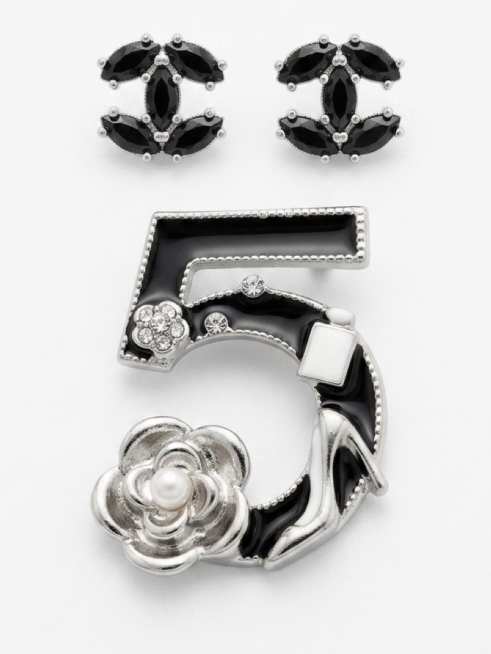 Black and Silver Number 5 Pearl Brooch & CC Lettered Earrings